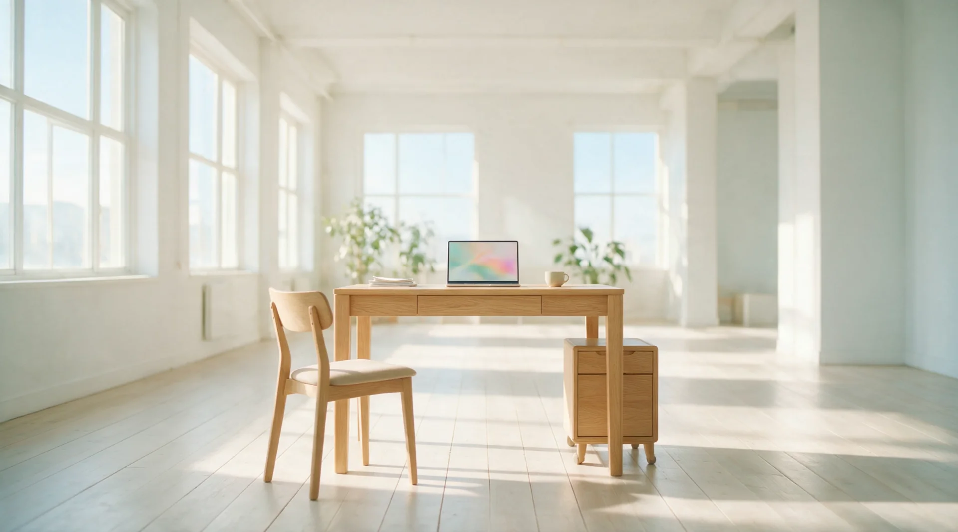 Ein heller, lichtdurchfluteter Loft mit einem Schreibtisch, Stuhl und offenem Laptop.