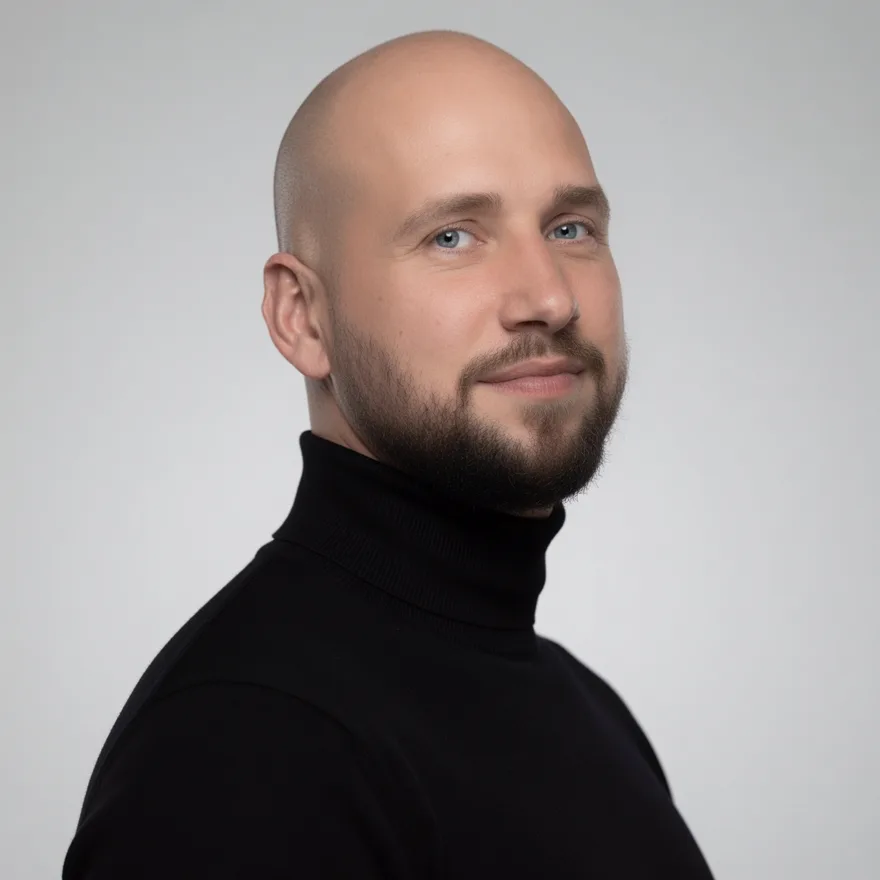 Maik Barenkamp, Portrait vor hellem Hintergrund.